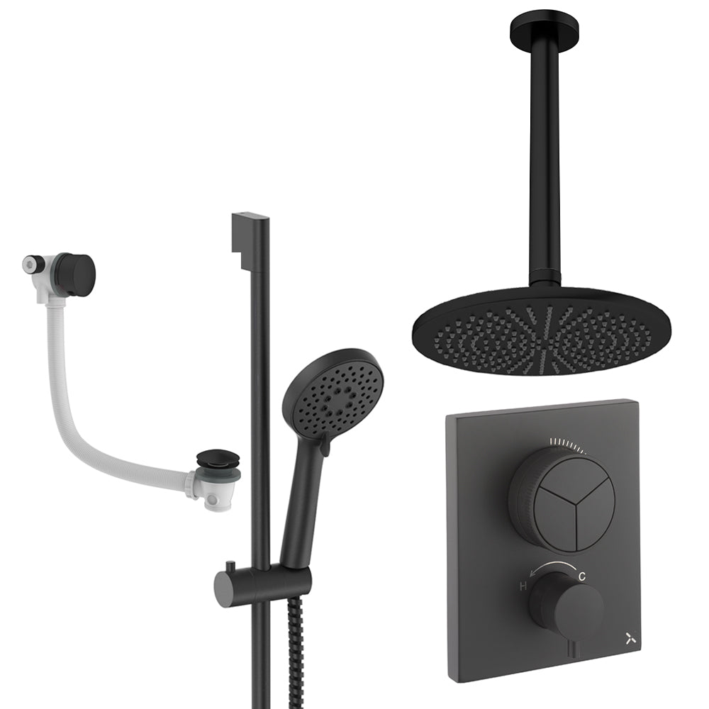 Crosswater Push Shower Set 8 Matt Black 300mm Ceiling Mounted