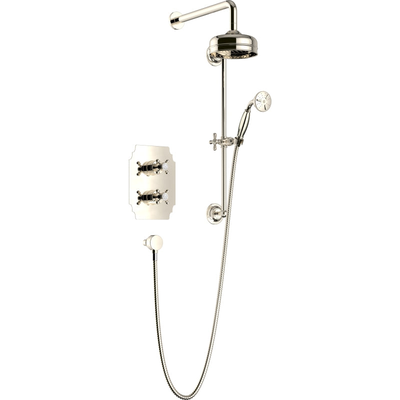 Heritage Hartlebury Recessed Thermostatic Dual Control Shower Valve with Premium Fixed Head and Flexible Riser Kits Vintage Gold