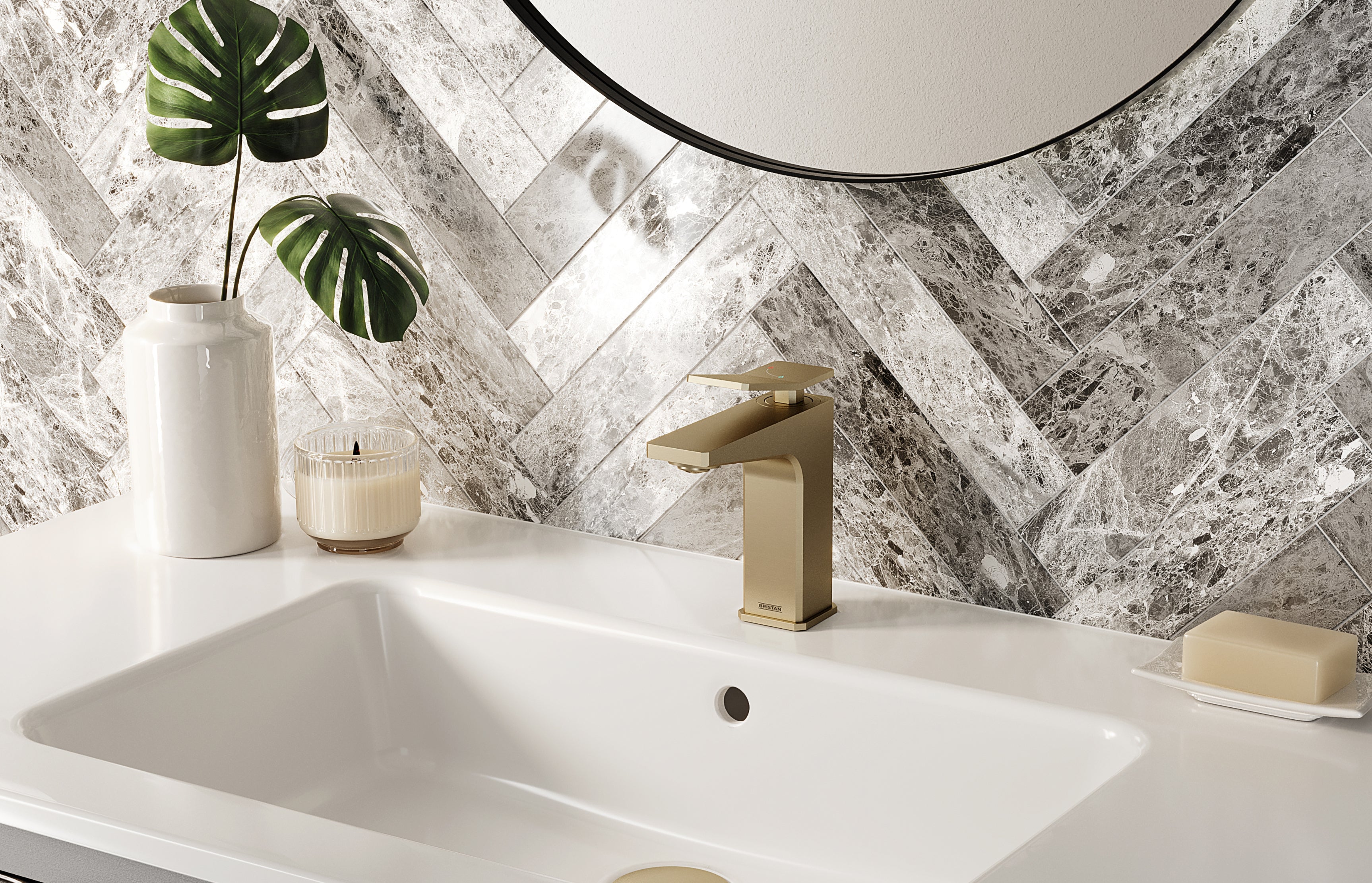 Bristan Tangram Eco Start Basin Mixer Tap with Clicker Waste Brushed Brass TAN ES BAS BB