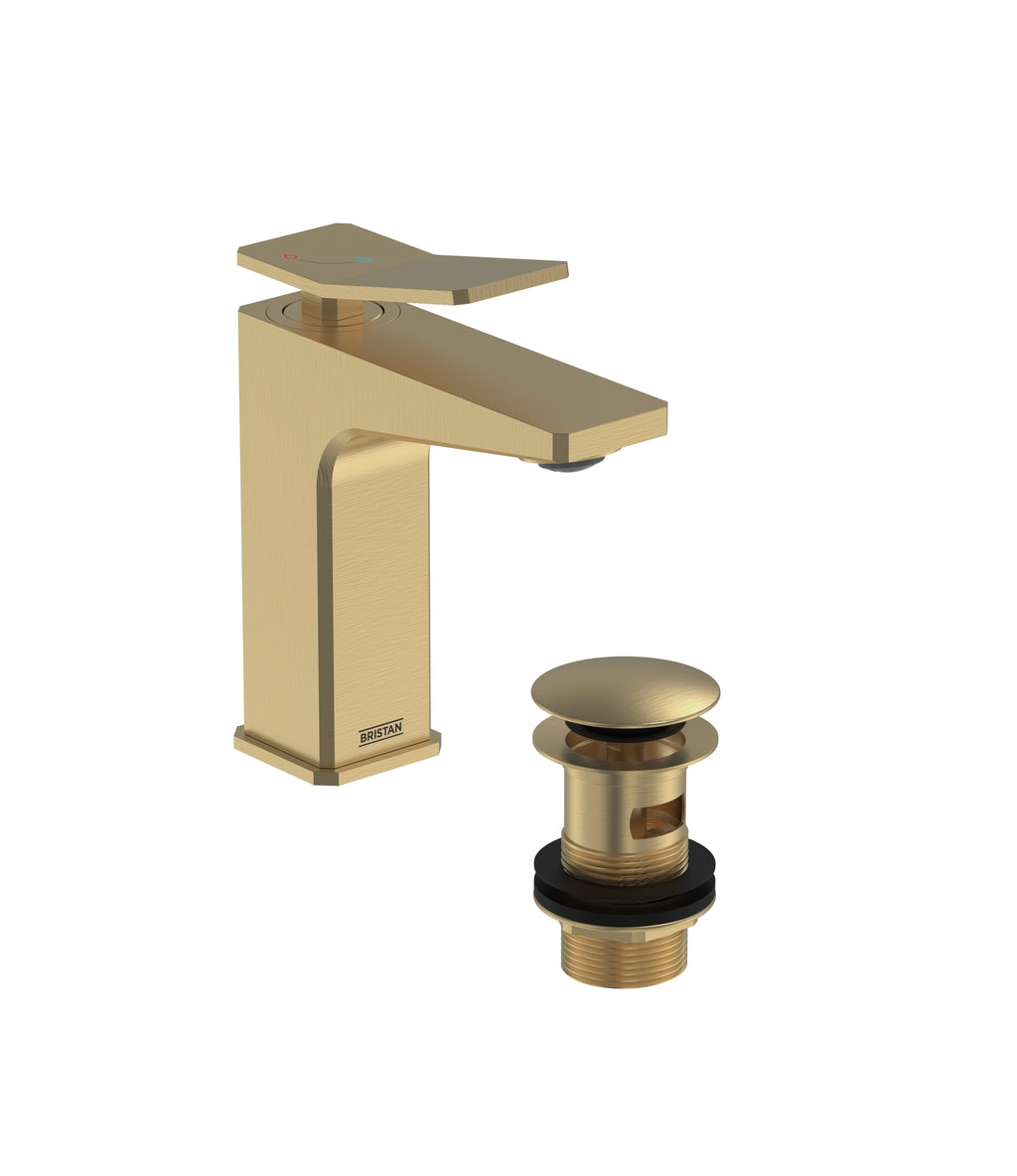 Bristan Tangram Eco Start Basin Mixer Tap with Clicker Waste Brushed Brass TAN ES BAS BB