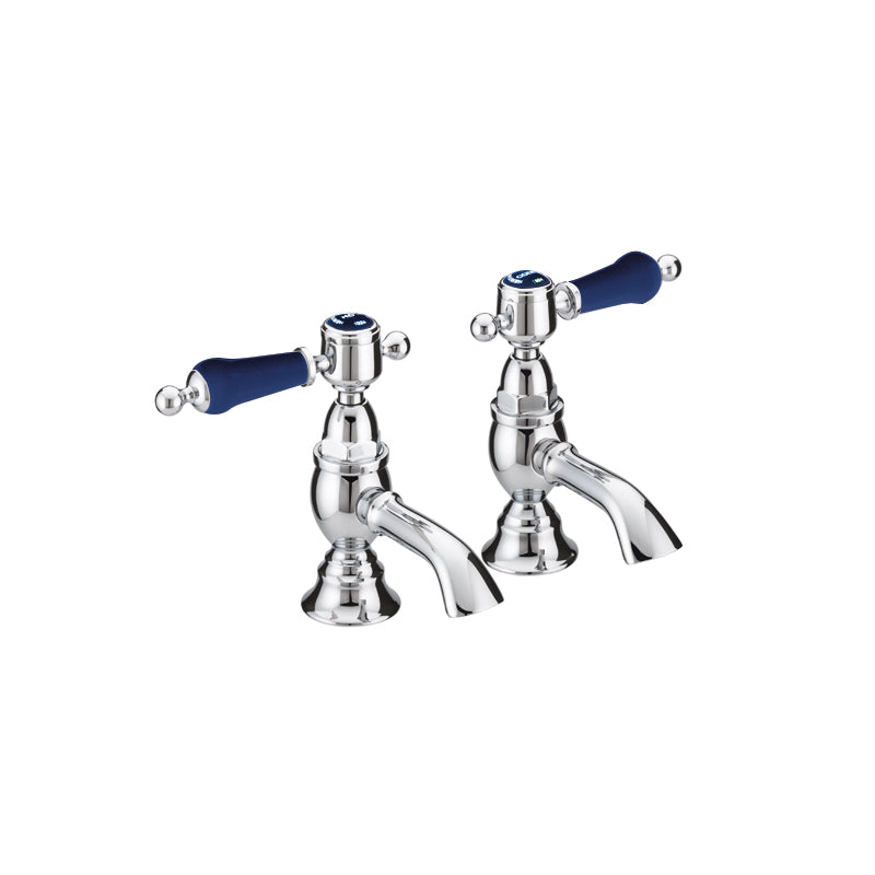 Heritage Glastonbury Basin Pillar Taps with Blue Levers Chrome