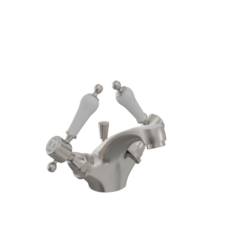 Heritage Glastonbury Basin Mixer Tap with White Levers Brushed Nickel