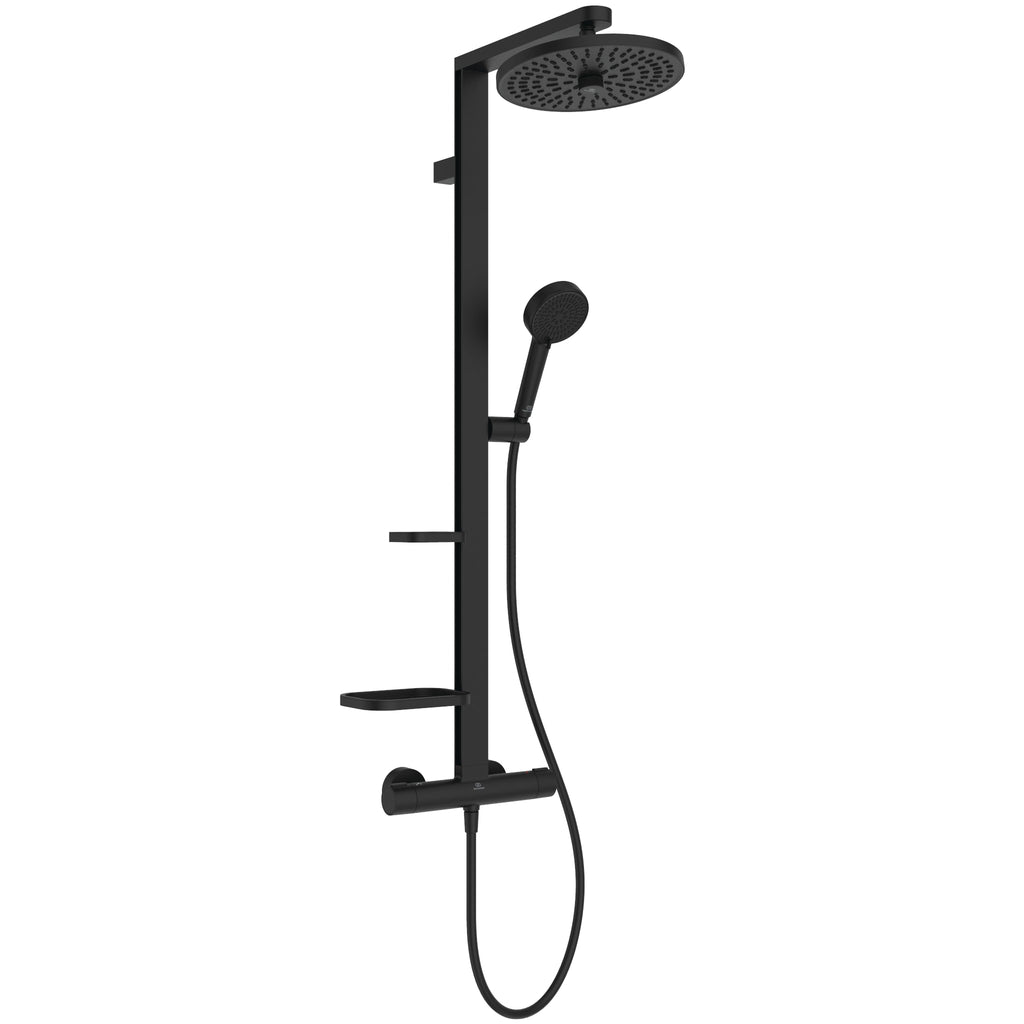 Ideal Standard Ceratherm ALU+ Shower System with exposed single lever shower mixer 260mm 2 function shower head 100mm 2 function handspray and 2 shelves silk black