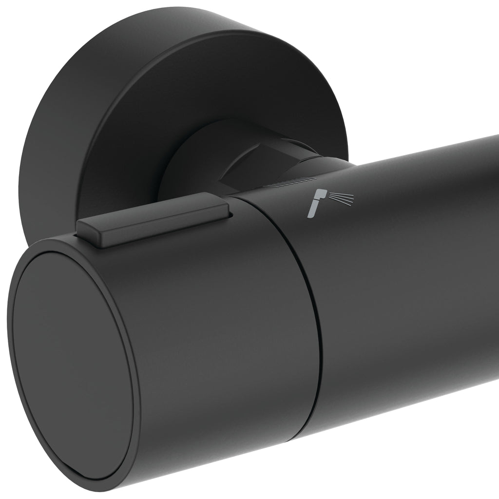 Ideal Standard Ceratherm ALU+ Shower System with exposed single lever shower mixer 260mm 2 function shower head 100mm 2 function handspray and 2 shelves silk black