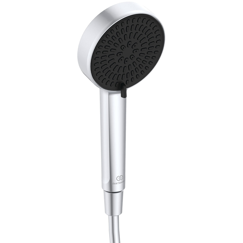 Ideal Standard Ceratherm ALU+ Shower System with exposed single lever shower mixer 260mm 2 function shower head 100mm 2 function handspray and 2 shelves silver