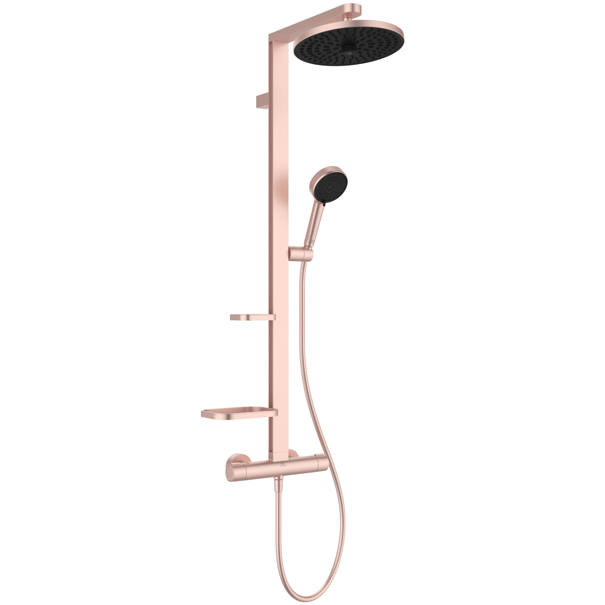 Ideal Standard Ceratherm ALU+ Shower System with exposed single lever shower mixer 260mm 2 function shower head 100mm 2 function handspray and 2 shelves Rose