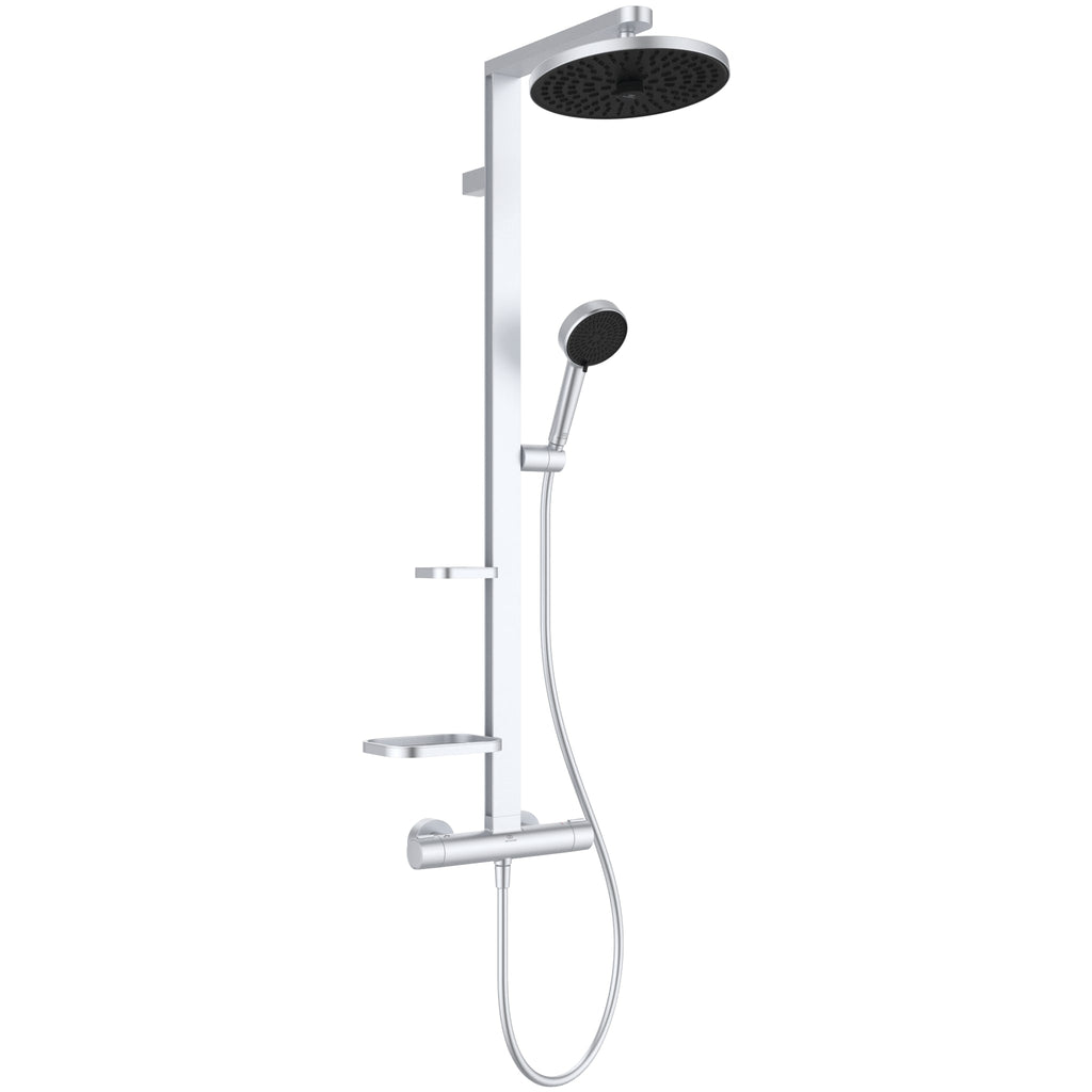 Ideal Standard Ceratherm ALU+ Shower System with exposed single lever shower mixer 260mm 2 function shower head 100mm 2 function handspray and 2 shelves silver