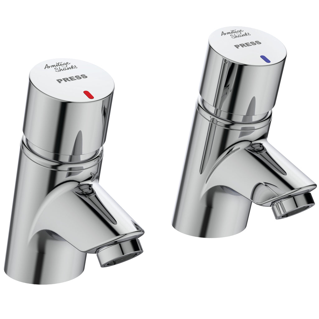 Armitage Shanks Avon 21 inclined non-concussive washbasin pillar taps (pair) with dual hot and cold indices per tap, self closing push button, water saving anti-vandal spout regulated to 3.7 litres per minute maximum.