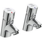 Armitage Shanks Avon 21 inclined non-concussive washbasin pillar taps (pair) with dual hot and cold indices per tap, self closing push button, water saving anti-vandal spout regulated to 3.7 litres per minute maximum.