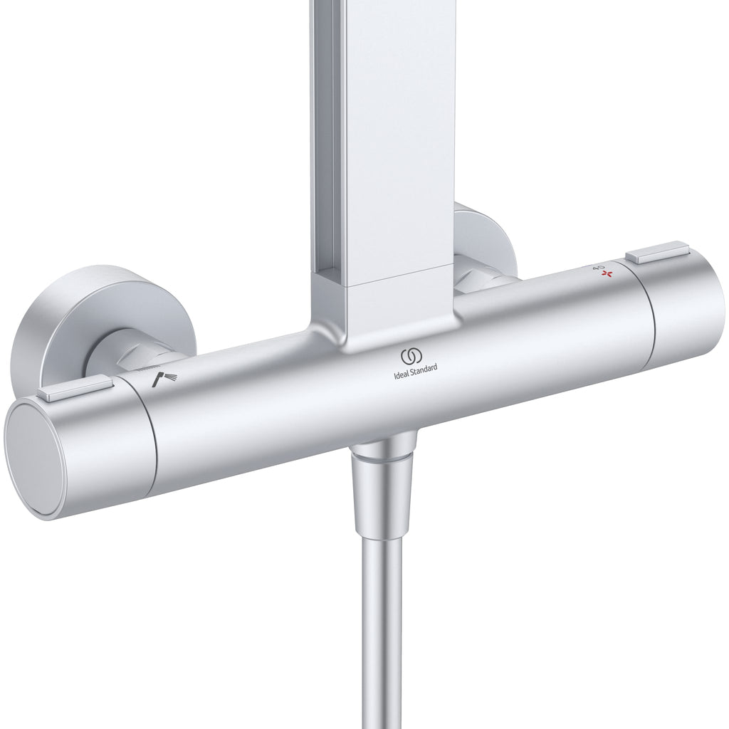 Ideal Standard Ceratherm ALU+ Shower System with exposed single lever shower mixer 260mm 2 function shower head 100mm 2 function handspray and 2 shelves silver