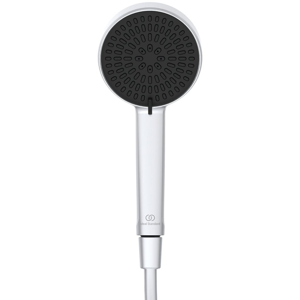 Ideal Standard Ceratherm ALU+ Shower System with exposed single lever shower mixer 260mm 2 function shower head 100mm 2 function handspray and 2 shelves silver