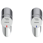 Armitage Shanks Avon 21 inclined non-concussive washbasin pillar taps (pair) with dual hot and cold indices per tap, self closing push button, water saving anti-vandal spout regulated to 3.7 litres per minute maximum.