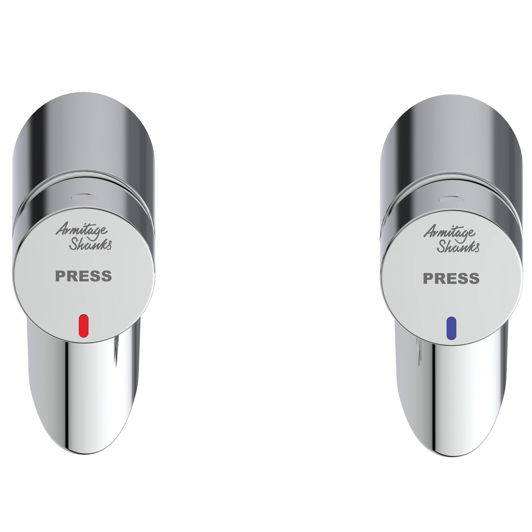 Armitage Shanks Avon 21 inclined non-concussive washbasin pillar taps (pair) with dual hot and cold indices per tap, self closing push button, water saving anti-vandal spout regulated to 3.7 litres per minute maximum.